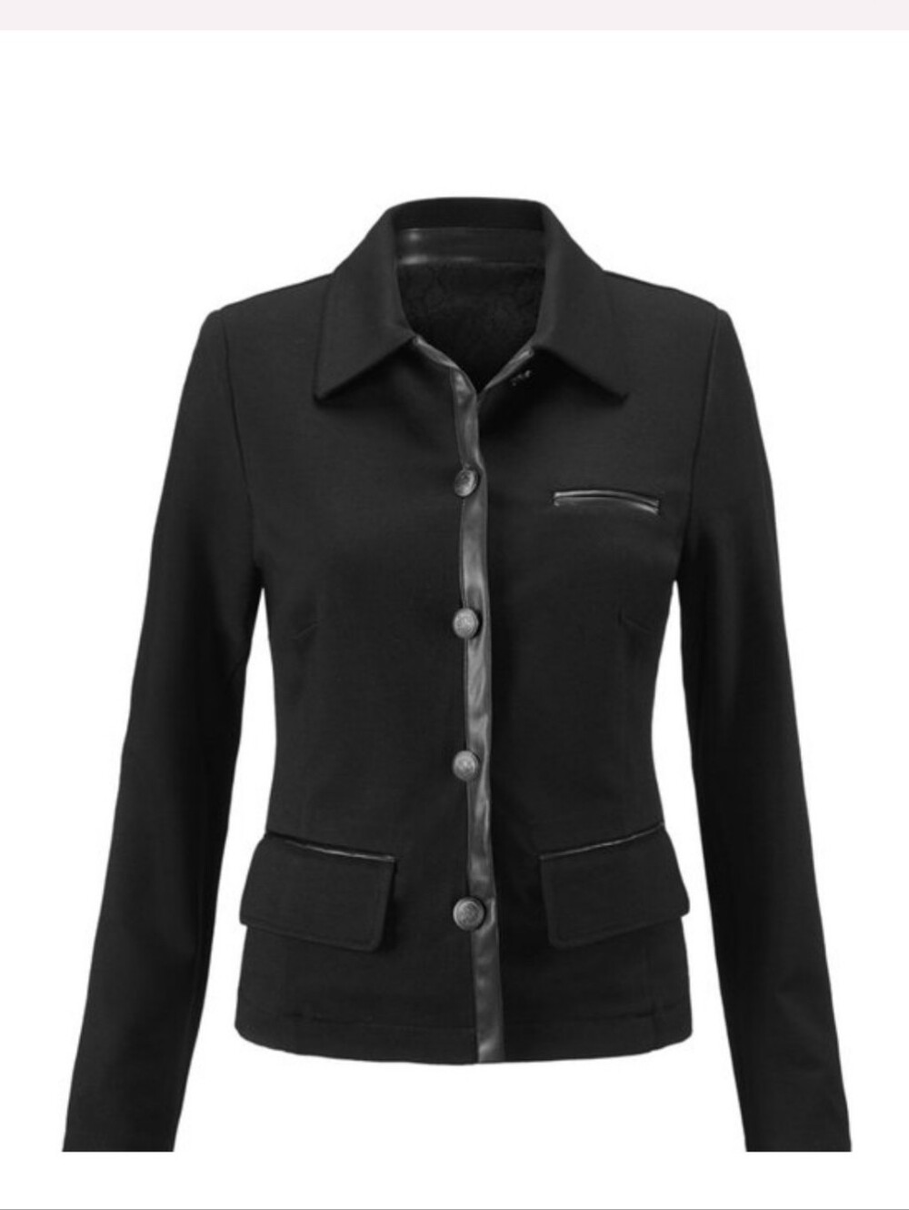 Black Button‑Front Jacket with Satin Trim • Large
